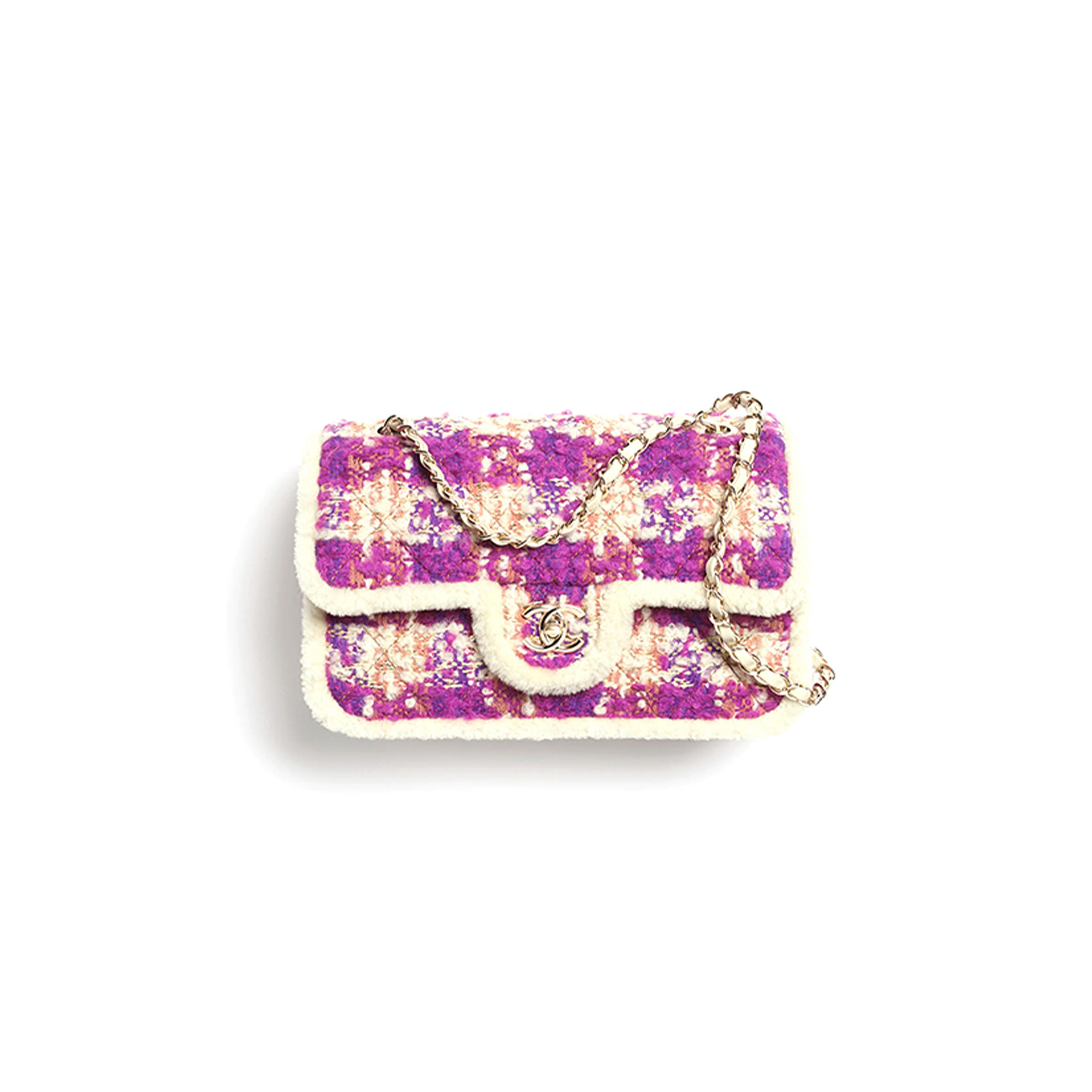 CHANEL LARGE FLAP BAG TWEED, SHEARLING LAMBSKIN & GOLD-TONE METAL FUSCHIA, PINK, BEIGE & BROWN AS5686 (26.5*16.5*9cm)